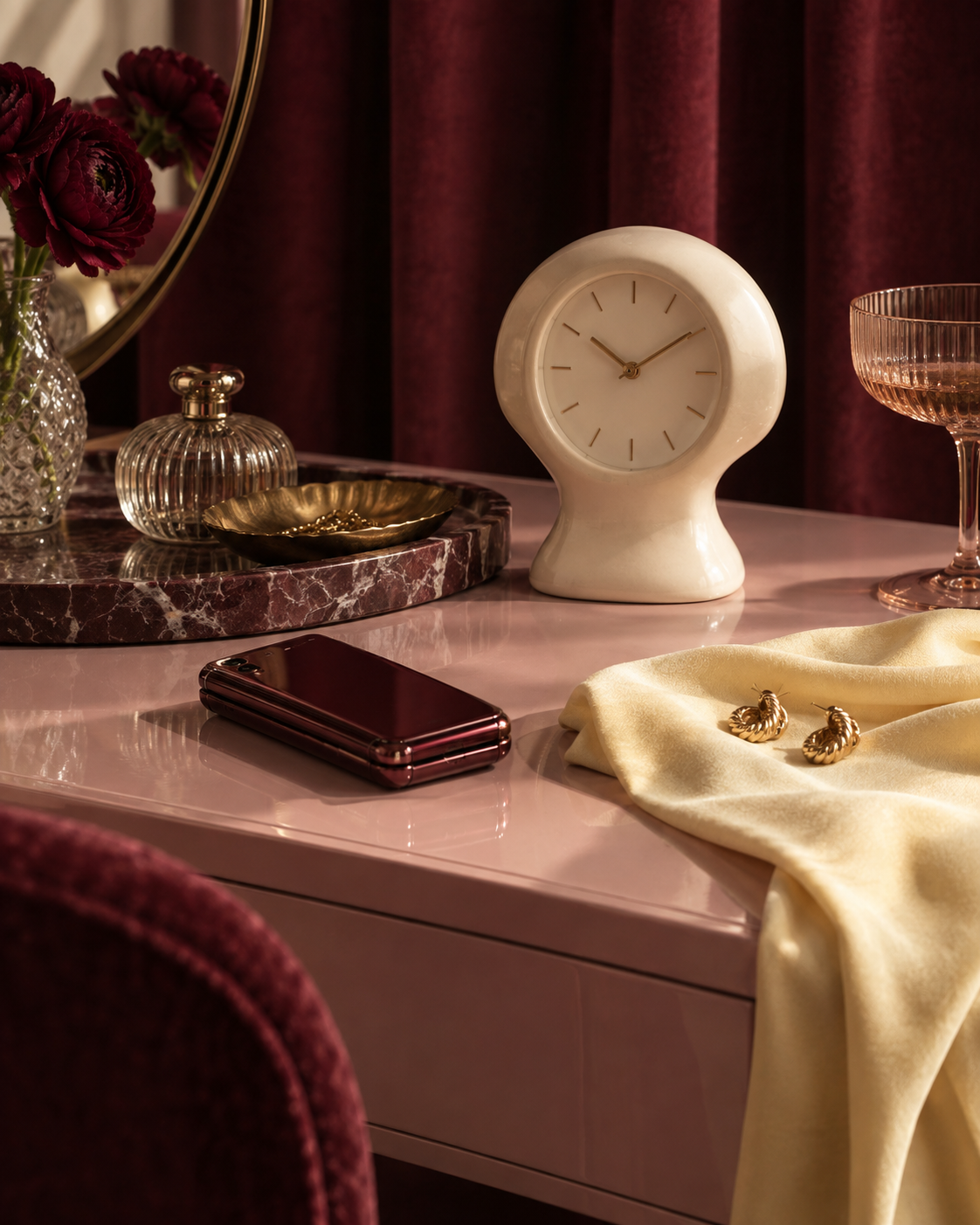 A burgundy flip phone, cream clock and gold earrings on a pink dressing table