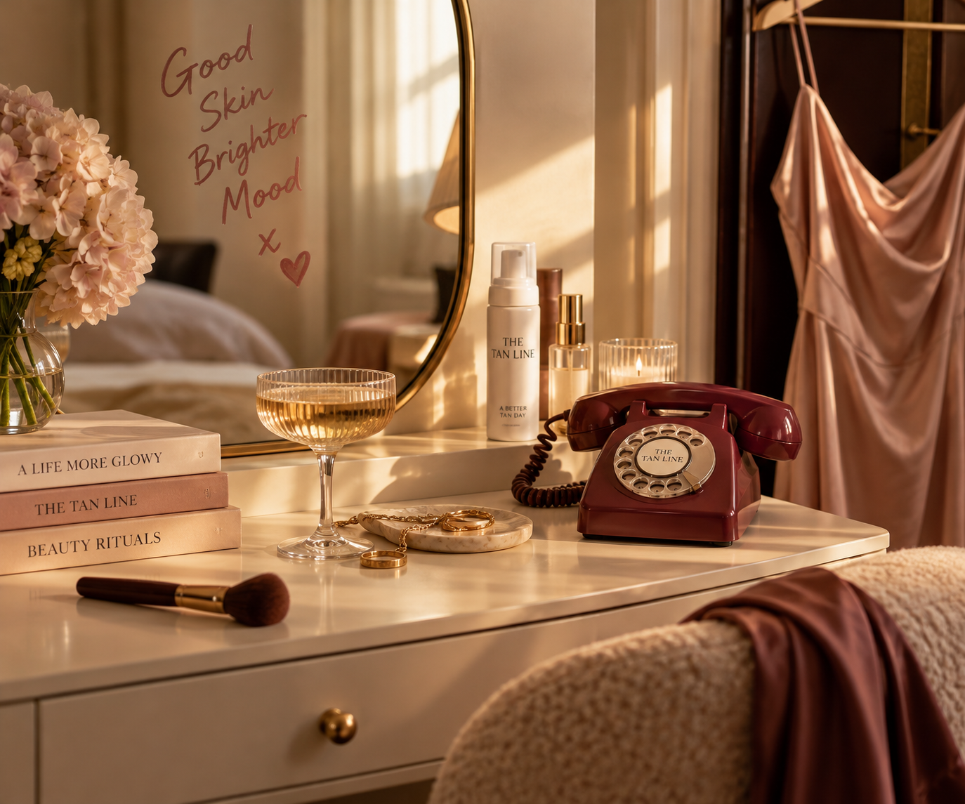 A golden-hour vanity table with a burgundy rotary telephone, a Tan Line mousse bottle, stacked beauty books, pink hydrangeas and a satin slip dress, with 'Good skin, brighter mood' written on the mirror